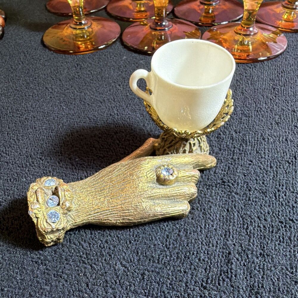 Vintage Gold Hand Filigree Basket Rhinestone Cuff Mid Century Vanity